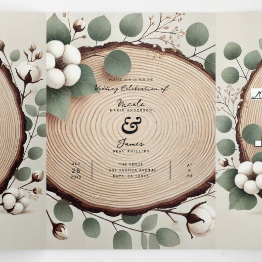 Forest Wood Eucalyptus & Cotton Rustic Wedding Drieluik Uitnodiging (Binnenkant midden)
