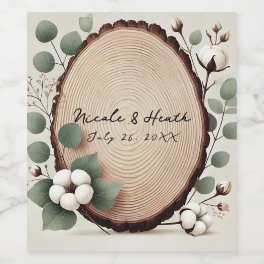 Forest Wood Eucalyptus & Cotton Rustic Wedding Wijn Etiket (Enkel label)