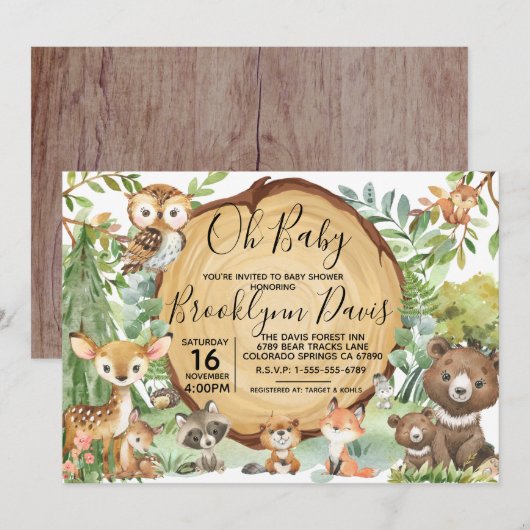 Forest Woodland Animal Baby shower Kaart (Voorkant / Achterkant)