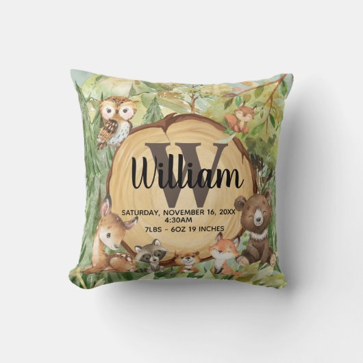 Forest Woodland Animal Monogram Birth Stats Pillow Kussen (Voorkant)