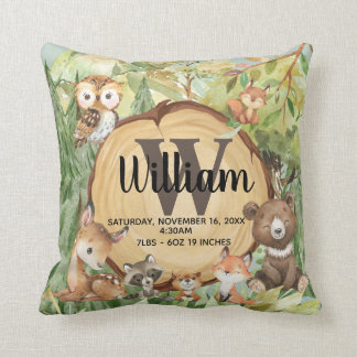 Forest Woodland Animal Monogram Birth Stats Pillow Kussen