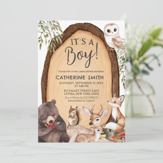 Forest Woodland Animal Wild One Baby shower Uitnod Kaart (Staand voorkant)