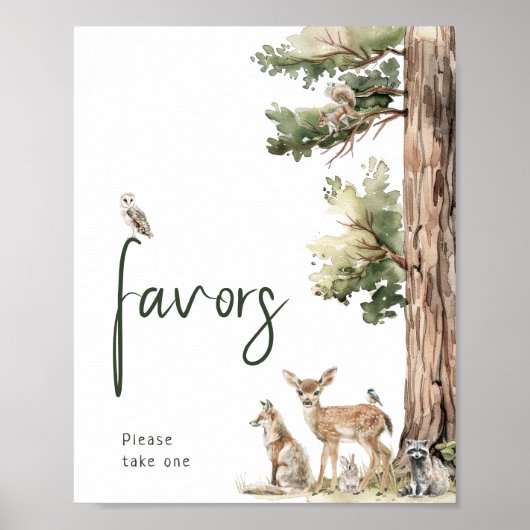 Forest Woodland Animals Baby shower Favors Sign Poster (Voorkant)