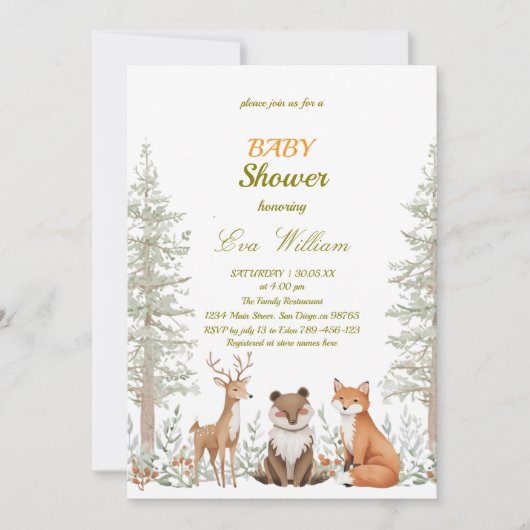 Forest Woodland Animals Baby Shower Invitation Kaart (Voorkant)