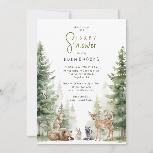Forest Woodland Animals Baby shower Invitation Kaart (Voorkant)