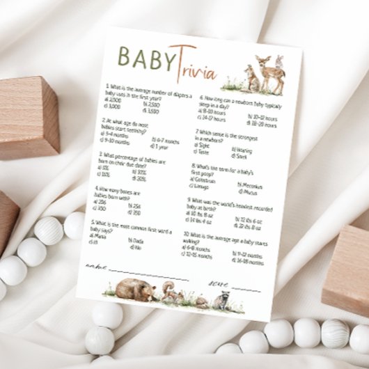Forest Woodland Animals Baby shower Trivia Kaart