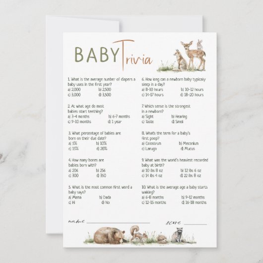 Forest Woodland Animals Baby shower Trivia Kaart (Voorkant)