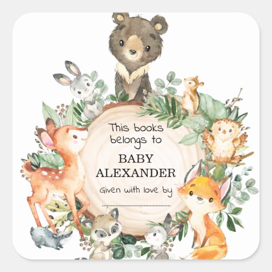 Forest Woodland Animals Boy Baby shower Bookplate Vierkante Sticker (Voorkant)
