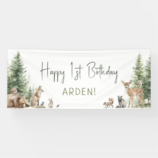 Forest Woodland Animals Happy Birthday Welkom Spandoek (Horizontaal)