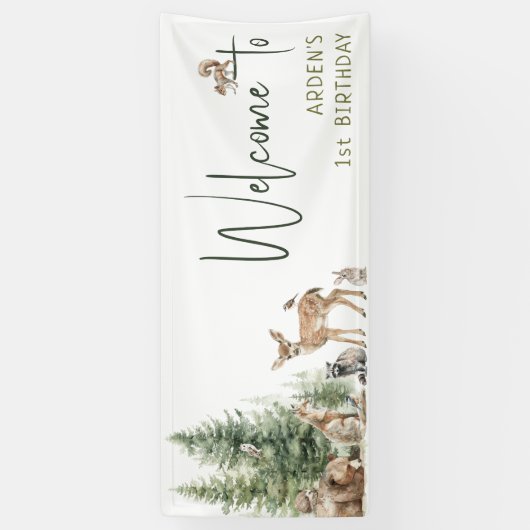 Forest Woodland Animals Welkom Verjaardagsfeest Spandoek (Verticaal)