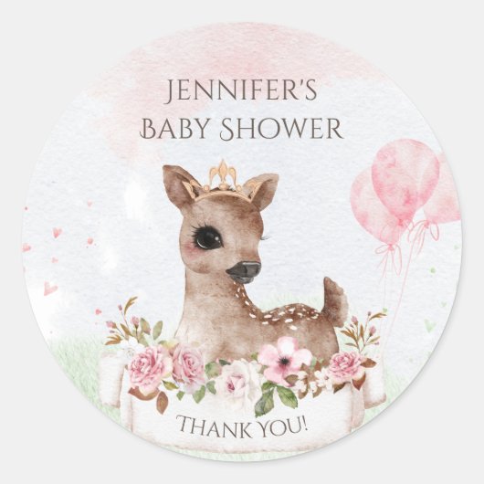 Forest Woodland Baby Girl Deer Waterverf Ronde Sticker (Voorkant)