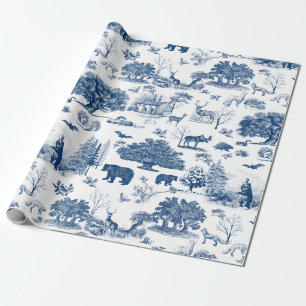 Forest Woodland Beer Blue en White Toile Gift Cadeaupapier