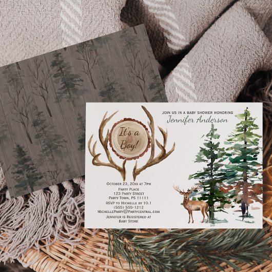 Forest Woodland Country Deer Antler Baby shower Kaart