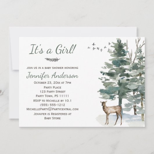 Forest Woodland Country Deer Doe Girl Baby shower Kaart (Voorkant)