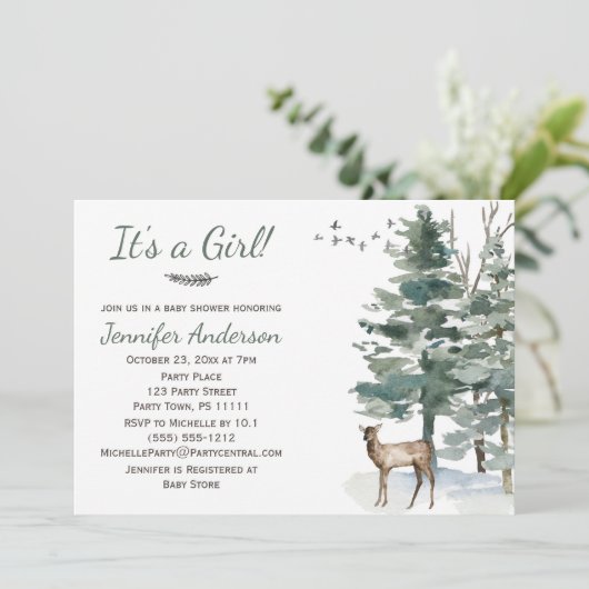 Forest Woodland Country Deer Doe Girl Baby shower Kaart (Staand voorkant)