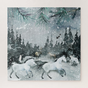 Forest Woodland Night Sky White Horse & Animals Legpuzzel