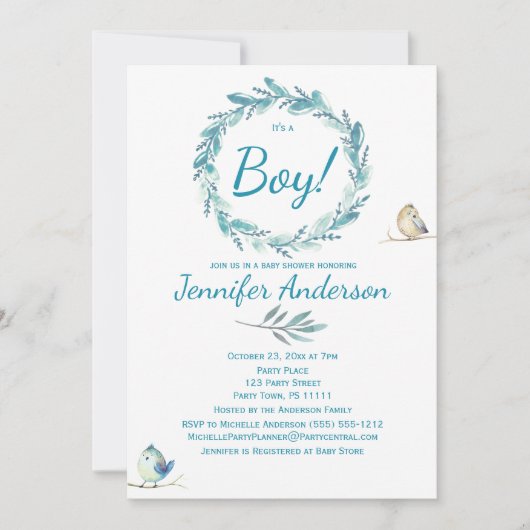 Forest Wreate Bird Rustic Country Boy Baby shower Kaart (Voorkant)
