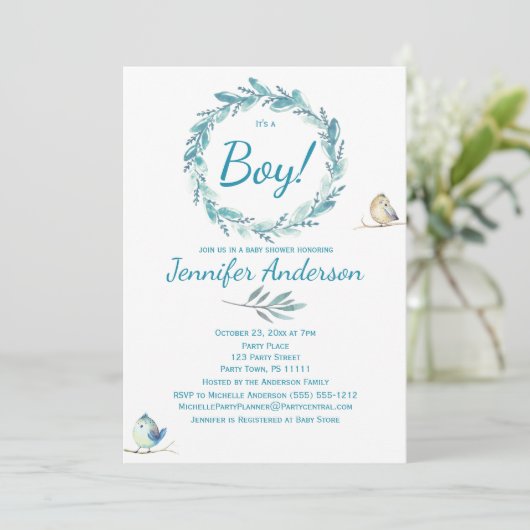 Forest Wreate Bird Rustic Country Boy Baby shower Kaart (Staand voorkant)