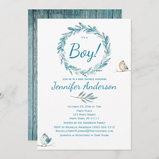Forest Wreate Bird Rustic Country Boy Baby shower Kaart (Voorkant / Achterkant)