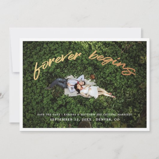 Forever Begins | Gouden Save the Date Fotokaart (Voorkant)