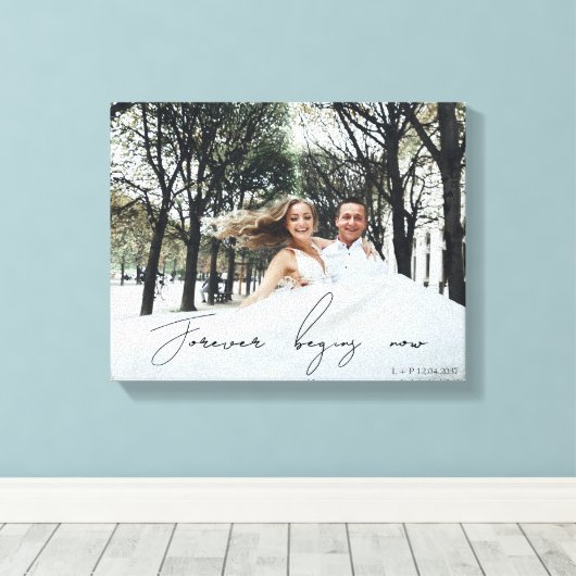 Forever Begins Nu Bruiloft Gift Passen getrouwd Fo Canvas Afdruk (Insitu (Houten vloer))