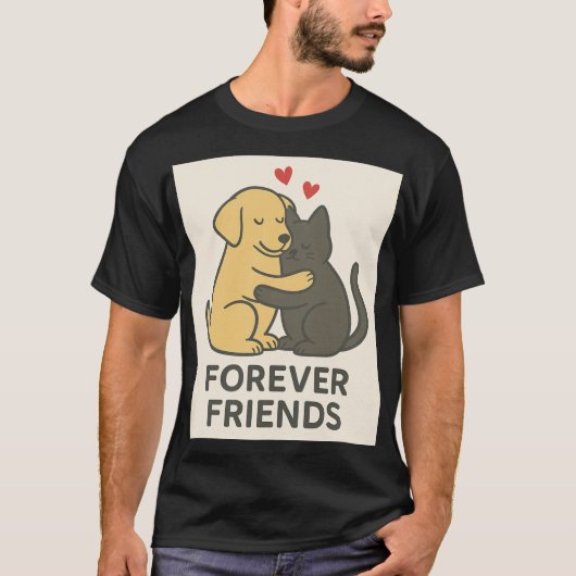 Forever Friends Cat & Dog Hugging T-Shirt | Cute P (Voorkant)
