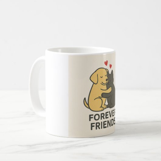 Forever Friends Mug | Cute Cat & Dog Hugging Coffe Koffiemok (Voorkant links)
