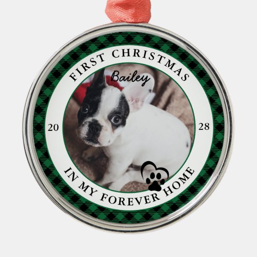 Forever Home Hond's Eerste Kerstdag Metalen Ornament (Voorkant)