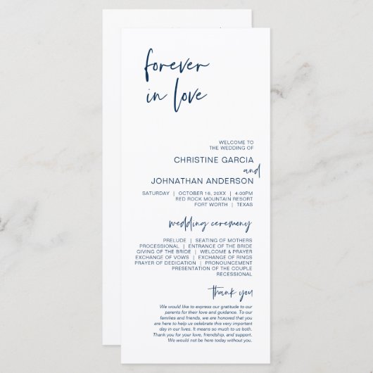 Forever in liefde, Modern Navy Blue Wedding Progra Programmakaart (Voorkant / Achterkant)