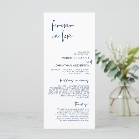 Forever in liefde, Modern Navy Blue Wedding Progra Programmakaart (Staand voorkant)