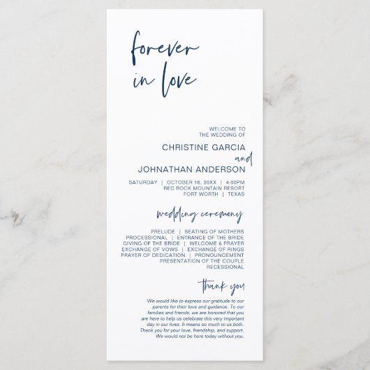 Forever in liefde, Modern Navy Blue Wedding Progra Programmakaart (Voorkant)