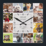 Forever in ons hart Foto Collage Pet Farmhouse Vierkante Klok<br><div class="desc">Deze moderne rustige foto-collage-muurklok van een bijtende bloem zal het hart van elke dierenliefhebber opwarmen. Een prachtige keepasje voor elke kattenmoeder, hondenvader of ouder voor alle andere bont baby's, dit is een mooi Instagram-vriendelijk fotoraster, gemakkelijk gepersonaliseerd met 12 van je favoriete afbeeldingen. Het handgeschreven ontwerp en de (gedrukte) witte achtergrond...</div>