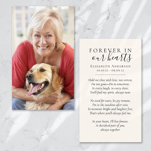 Forever in ons hart Foto Funeral Prayer Card Visitekaartje