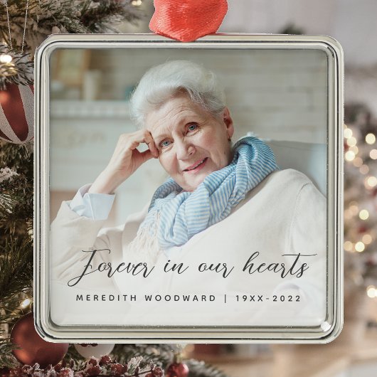 Forever in ons hart Foto Memorial Grey Metalen Ornament