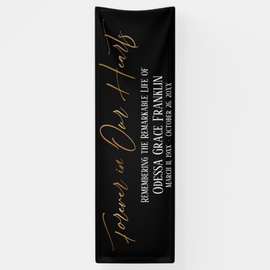 Forever in ons hart Gold Handschrift op zwart Spandoek (Verticaal)