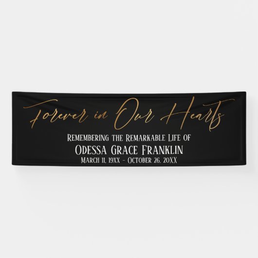 Forever in ons hart Gold Handschrift op zwart Spandoek (Horizontaal)