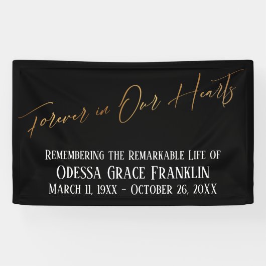 Forever in ons hart Gold Handschrift op zwart Spandoek (Horizontaal)