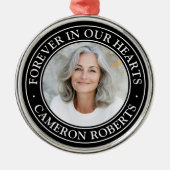 Forever in our hearts black border photo memorial metalen ornament (Voorkant)