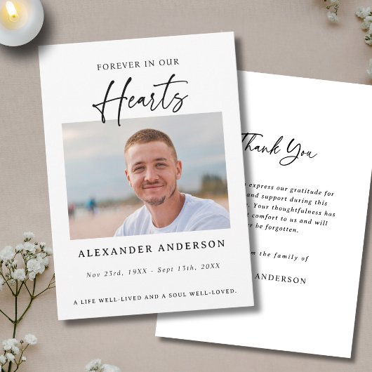 Forever in Our Hearts Black White Memorial Funeral Bedankkaart