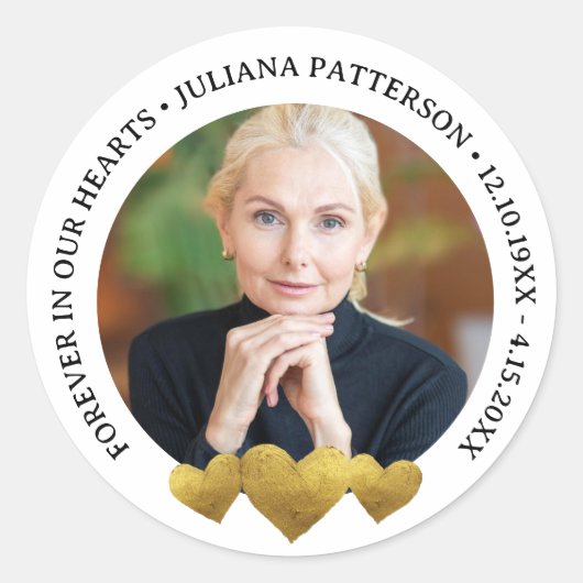 Forever in our Hearts Gold Keepsake begrafenisfoto Ronde Sticker (Voorkant)