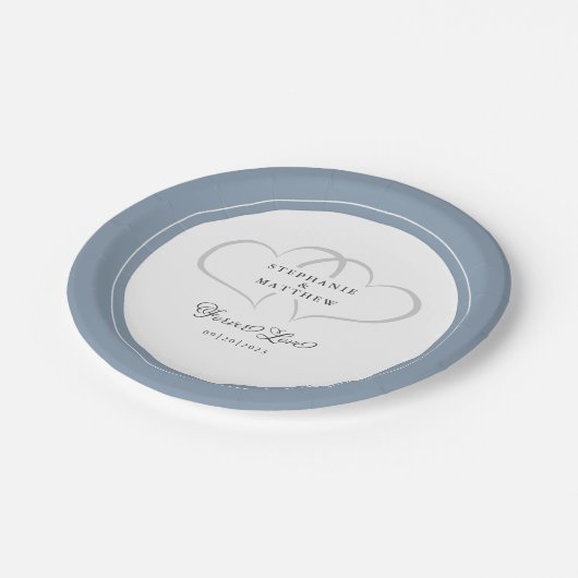 Forever Love Elegant Wedding Hearts Dusty Blue Papieren Bordje (Gekanteld)