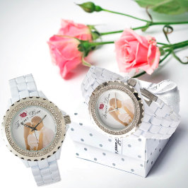 Forever Love Red Rose Elegant White Rhinestone Horloge