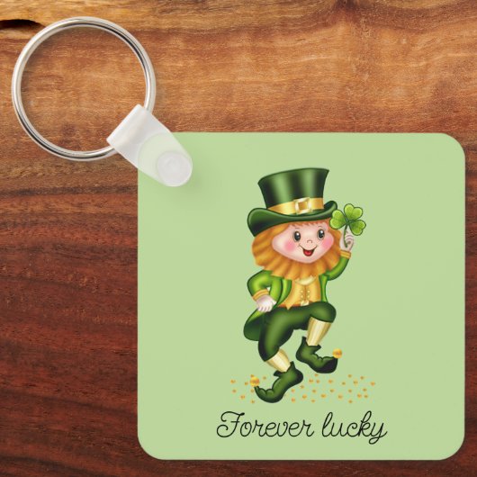 Forever Lucky Gnome & Monogram op Light Green Sleutelhanger (Voorkant)