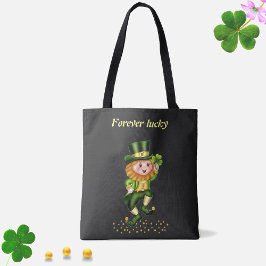 Forever Lucky Green Gnome & Gold Confetti op zwart Tote Bag