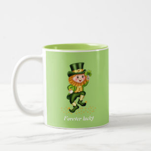 Forever Lucky Green Gnome & Monogram op Lime Green Tweekleurige Koffiemok