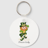 Forever Lucky Green Gnome & Monogram op wit Sleutelhanger (Voorkant)