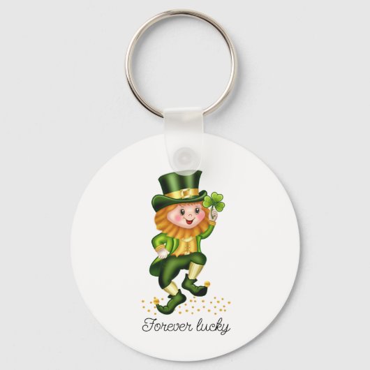 Forever Lucky Green Gnome & Monogram op wit Sleutelhanger (Voorkant)