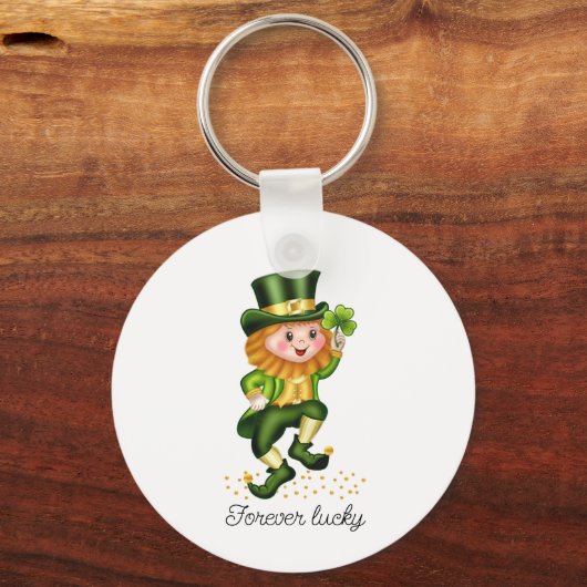 Forever Lucky Green Gnome & Monogram op wit Sleutelhanger (Voorkant)