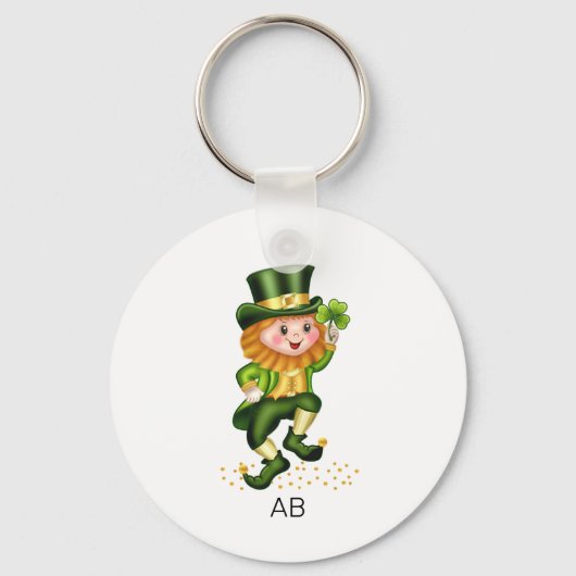 Forever Lucky Green Gnome & Monogram op wit Sleutelhanger (Achterkant)