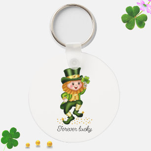 Forever Lucky Green Gnome & Monogram op wit Sleutelhanger